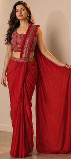 Red and Maroon color Readymade Saree in Satin Silk fabric with Sequence, Zircon work