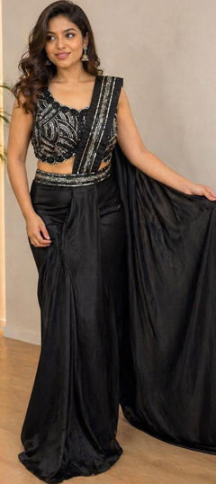 Black and Grey color Readymade Saree in Satin Silk fabric with Sequence, Zircon work