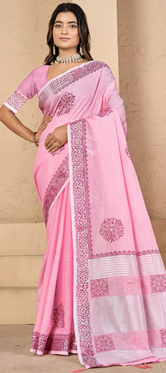 Pink and Majenta color Saree in Silk fabric with Printed work