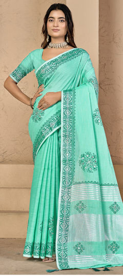 Blue color Saree in Silk fabric with Printed work