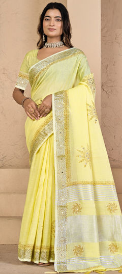 Yellow color Saree in Silk fabric with Printed work
