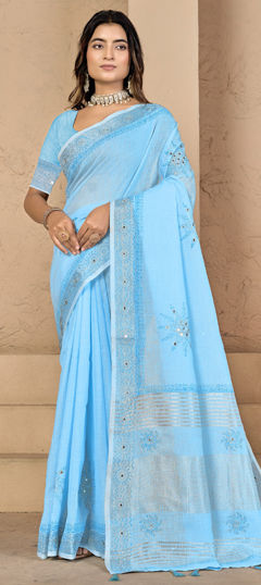Blue color Saree in Silk fabric with Printed work