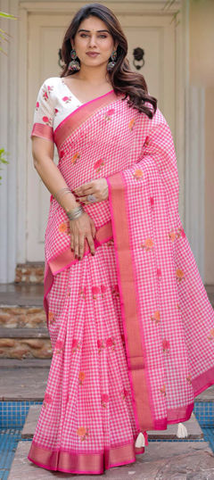 Pink and Majenta color Saree in Silk fabric with Floral, Printed work