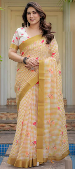 Yellow color Saree in Silk fabric with Floral, Printed work