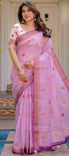 Pink and Majenta color Saree in Silk fabric with Floral, Printed work
