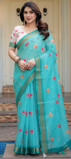 Blue color Saree in Silk fabric with Floral, Printed work