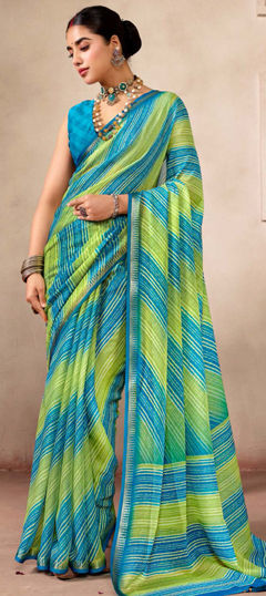 Blue, Green color Saree in Georgette fabric with Lehariya, Printed work