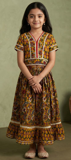 Yellow color Kids Lehenga in Cotton fabric with Floral, Gota Patti, Printed work