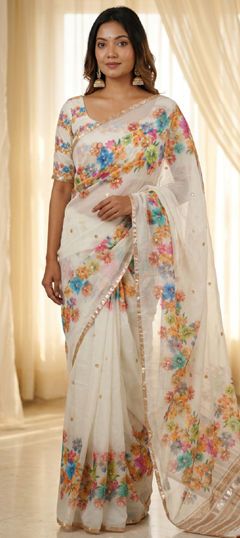 White and Off White color Saree in Organza Silk fabric with Embroidered, Floral, Printed work