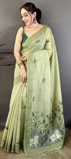 Green color Saree in Cotton fabric with Printed work