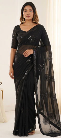 Black and Grey color Saree in Georgette fabric with Sequence work