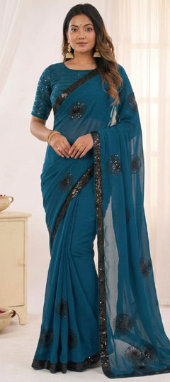 Green color Saree in Georgette fabric with Sequence work