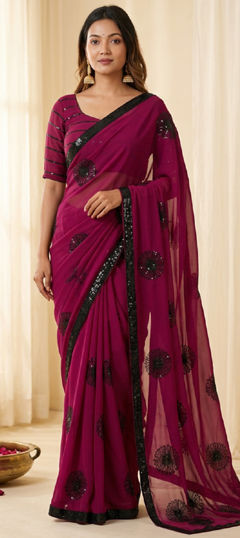 Purple and Violet color Saree in Georgette fabric with Sequence work