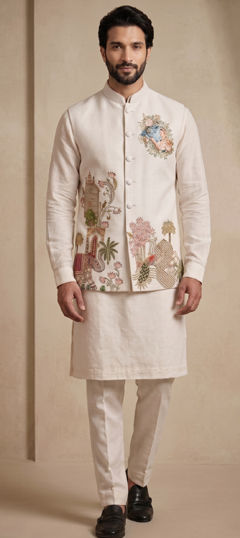 White and Off White color Kurta Pyjama with Jacket in Viscose fabric with Embroidered work