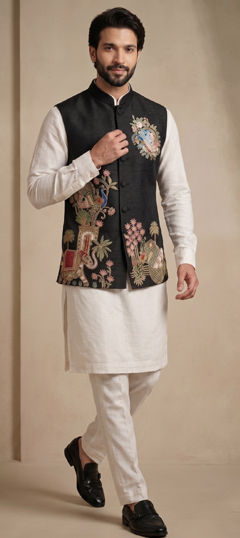 White and Off White color Kurta Pyjama with Jacket in Viscose fabric with Embroidered work