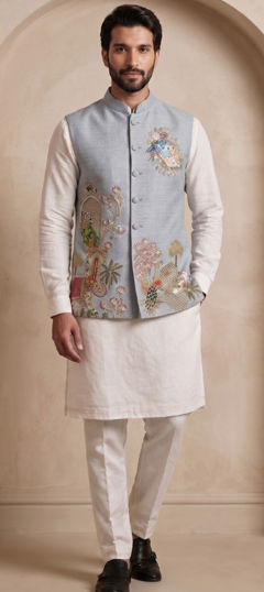 White and Off White color Kurta Pyjama with Jacket in Viscose fabric with Embroidered work