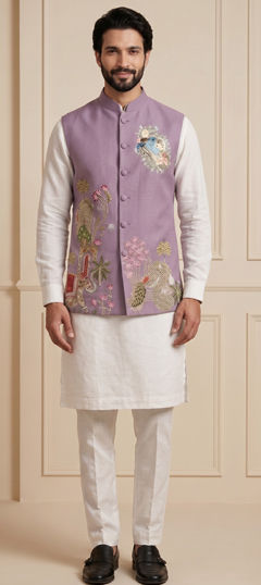 White and Off White color Kurta Pyjama with Jacket in Viscose fabric with Embroidered work