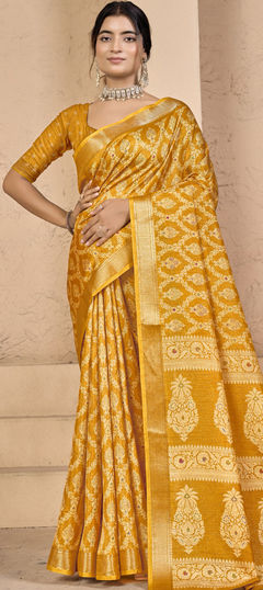 Yellow color Saree in Silk fabric with Weaving work