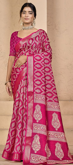 Pink and Majenta color Saree in Silk fabric with Weaving work