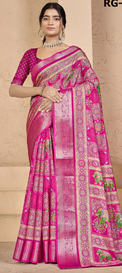Pink and Majenta color Saree in Silk fabric with Printed, Weaving work