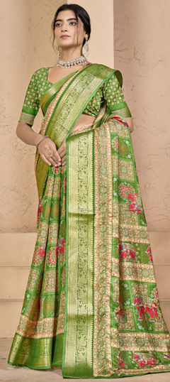 Green color Saree in Silk fabric with Printed, Weaving work