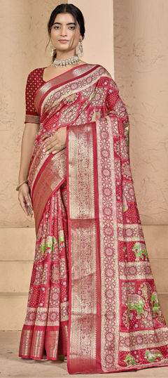 Red and Maroon color Saree in Silk fabric with Printed, Weaving work
