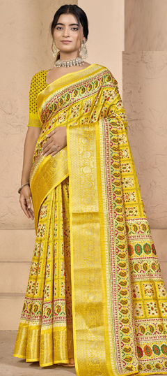 Yellow color Saree in Silk fabric with Weaving work