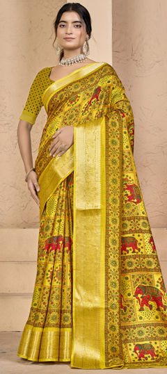 Yellow color Saree in Silk fabric with Printed, Weaving work