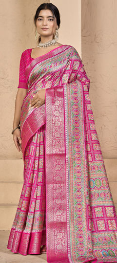 Pink and Majenta color Saree in Silk fabric with Weaving work