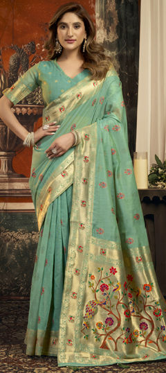 Green color Saree in Kota Silk fabric with Weaving work