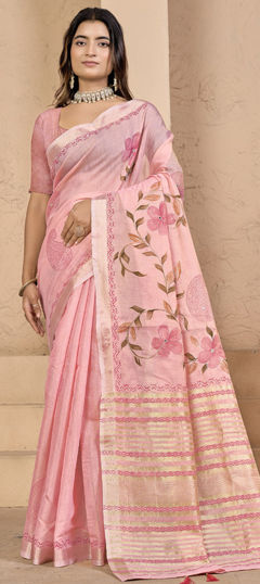 Pink and Majenta color Saree in Silk fabric with Printed work