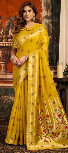 Yellow color Saree in Kota Silk fabric with Weaving work