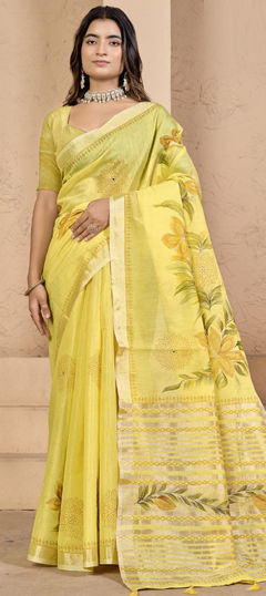 Yellow color Saree in Silk fabric with Printed work