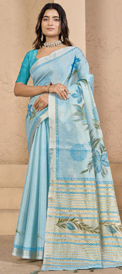Blue color Saree in Silk fabric with Printed work