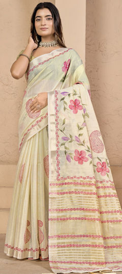 Beige and Brown color Saree in Silk fabric with Printed work