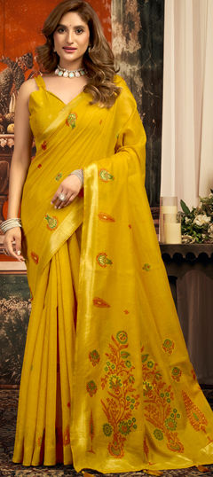 Yellow color Saree in Cotton fabric with Weaving work
