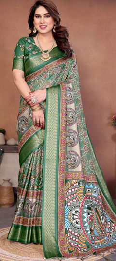 Green color Saree in Silk cotton fabric with Printed work