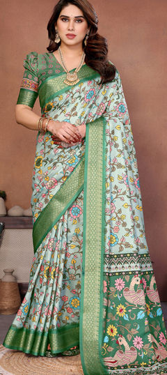 Green color Saree in Silk cotton fabric with Printed work