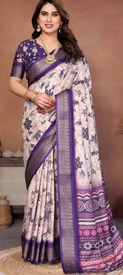 Purple and Violet color Saree in Silk cotton fabric with Printed work