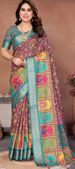 Blue color Saree in Silk cotton fabric with Printed work
