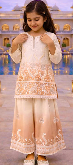 Orange, White and Off White color Kids Salwar in Crepe Silk fabric with Sequence work