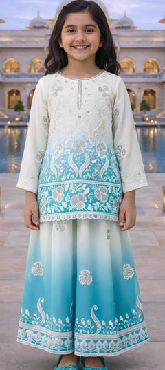 Blue, White and Off White color Kids Salwar in Crepe Silk fabric with Sequence work
