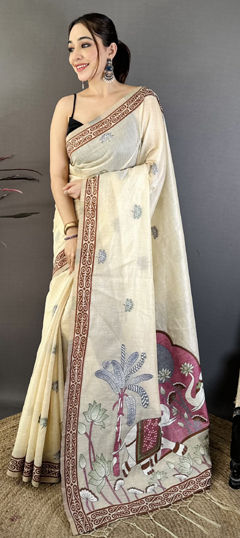 White and Off White color Saree in Cotton fabric with Printed work