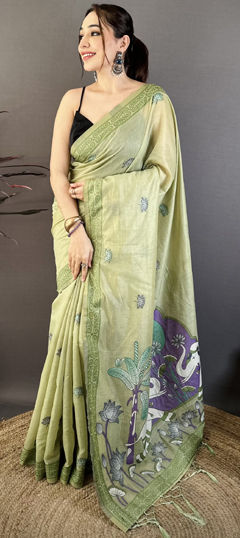 Green color Saree in Cotton fabric with Printed work