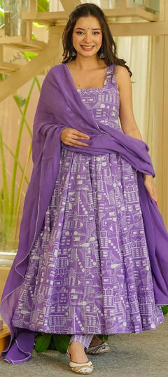 Purple and Violet color Salwar Kameez in Muslin fabric with Digital Print work