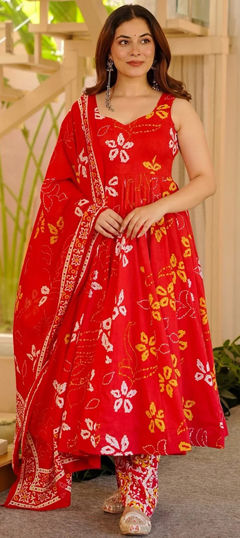 Red and Maroon color Salwar Kameez in Muslin fabric with Bandhej, Digital Print work