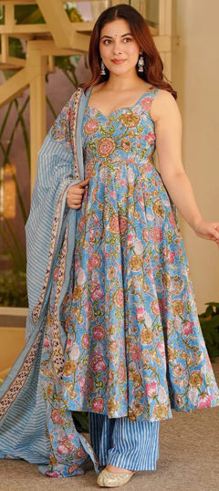 Blue color Salwar Kameez in Muslin fabric with Digital Print, Floral work