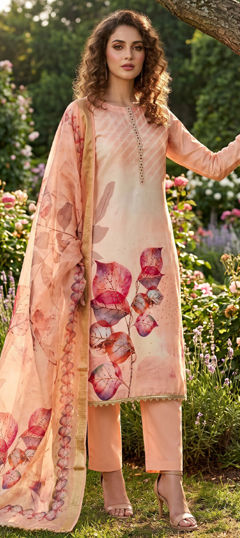 Pink and Majenta color Salwar Kameez in Cotton, Rayon fabric with Digital Print, Lace work
