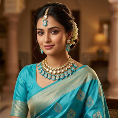 Gold Rodium Polish Blue color Necklace in Metal Alloy studded with Kundan