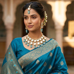 Gold Rodium Polish Blue color Necklace in Metal Alloy studded with Kundan
